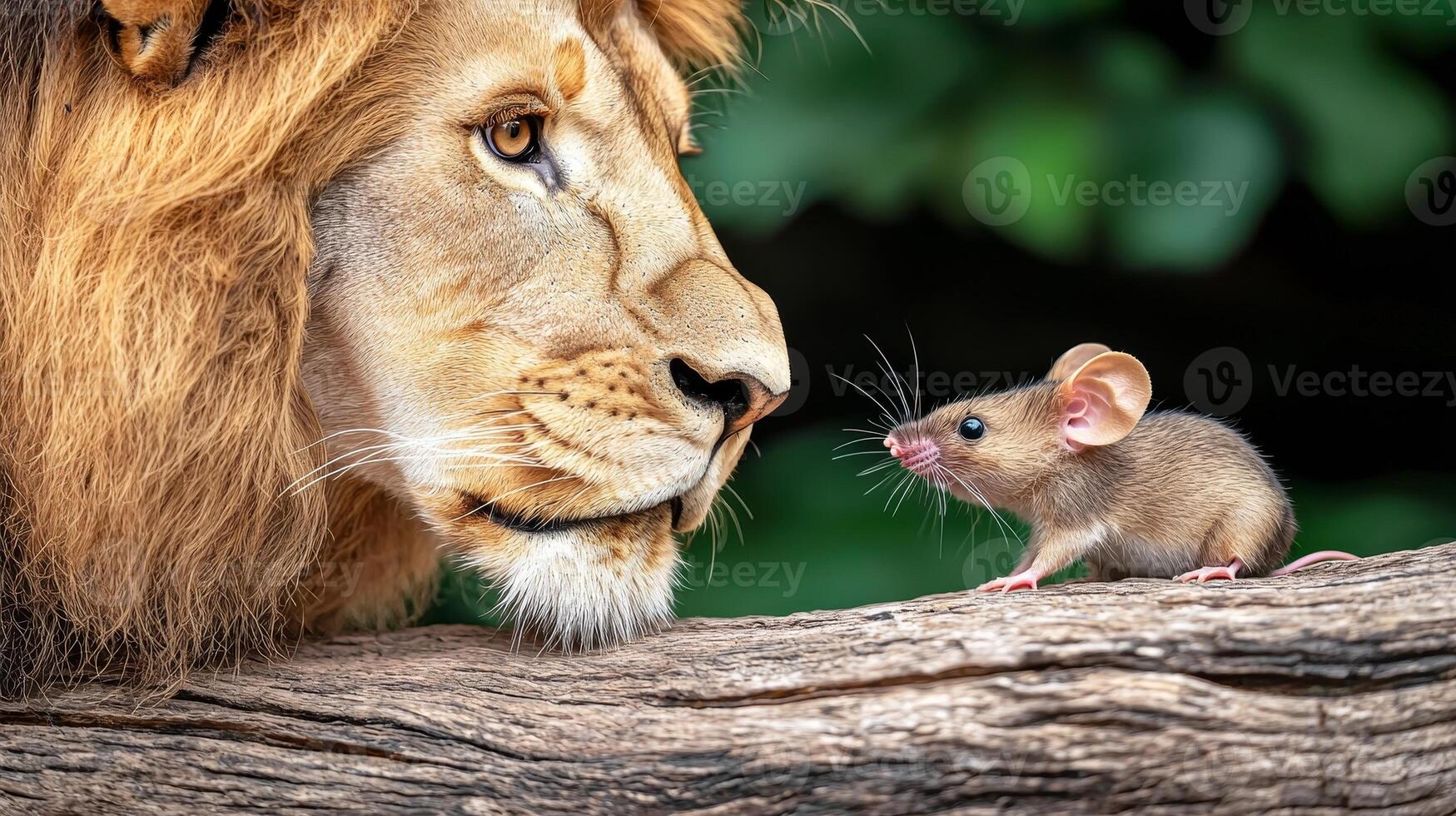A lion and a mouse face each other, showcasing a surprising moment of interaction between two very different animals in a natural setting. photo