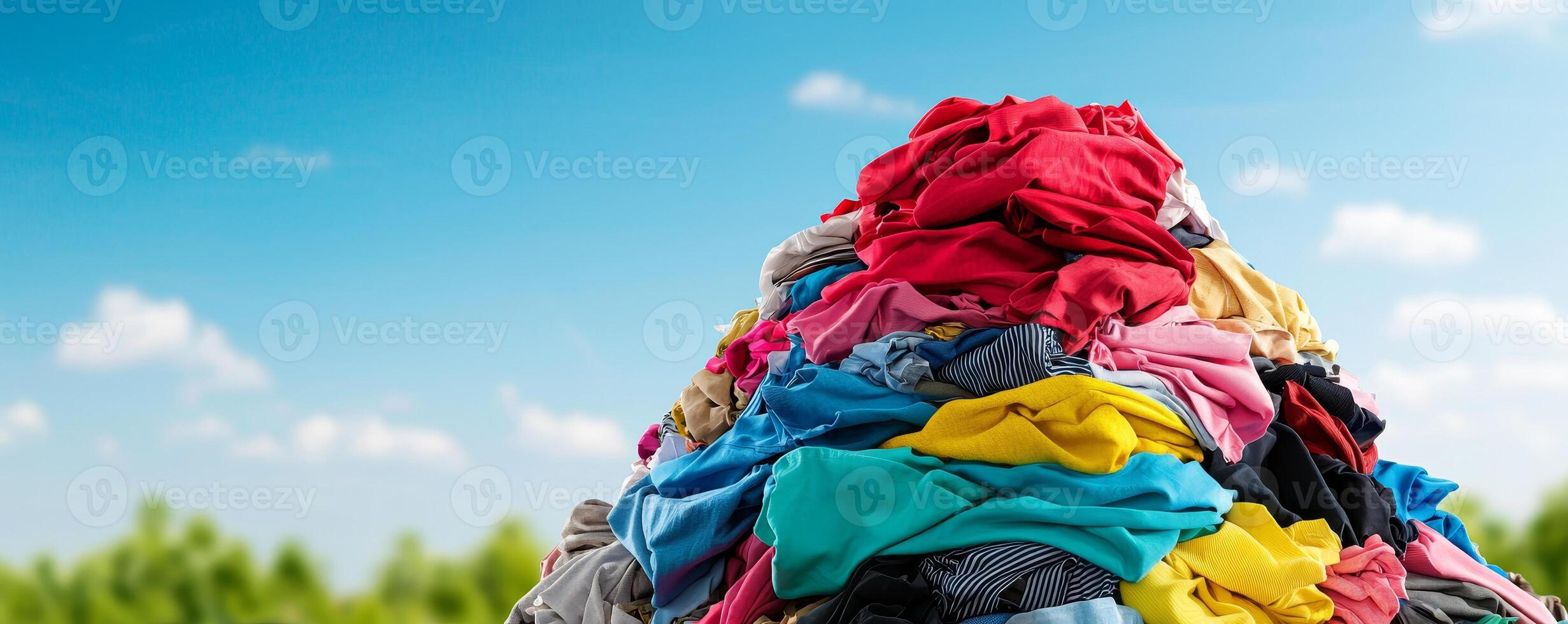 A vibrant pile of colorful clothing under a clear blue sky, symbolizing waste and textile recycling efforts. photo