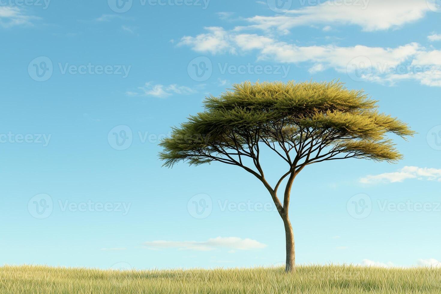 A solitary tree stands against a clear blue sky, surrounded by open grassland, creating a serene and peaceful landscape. photo