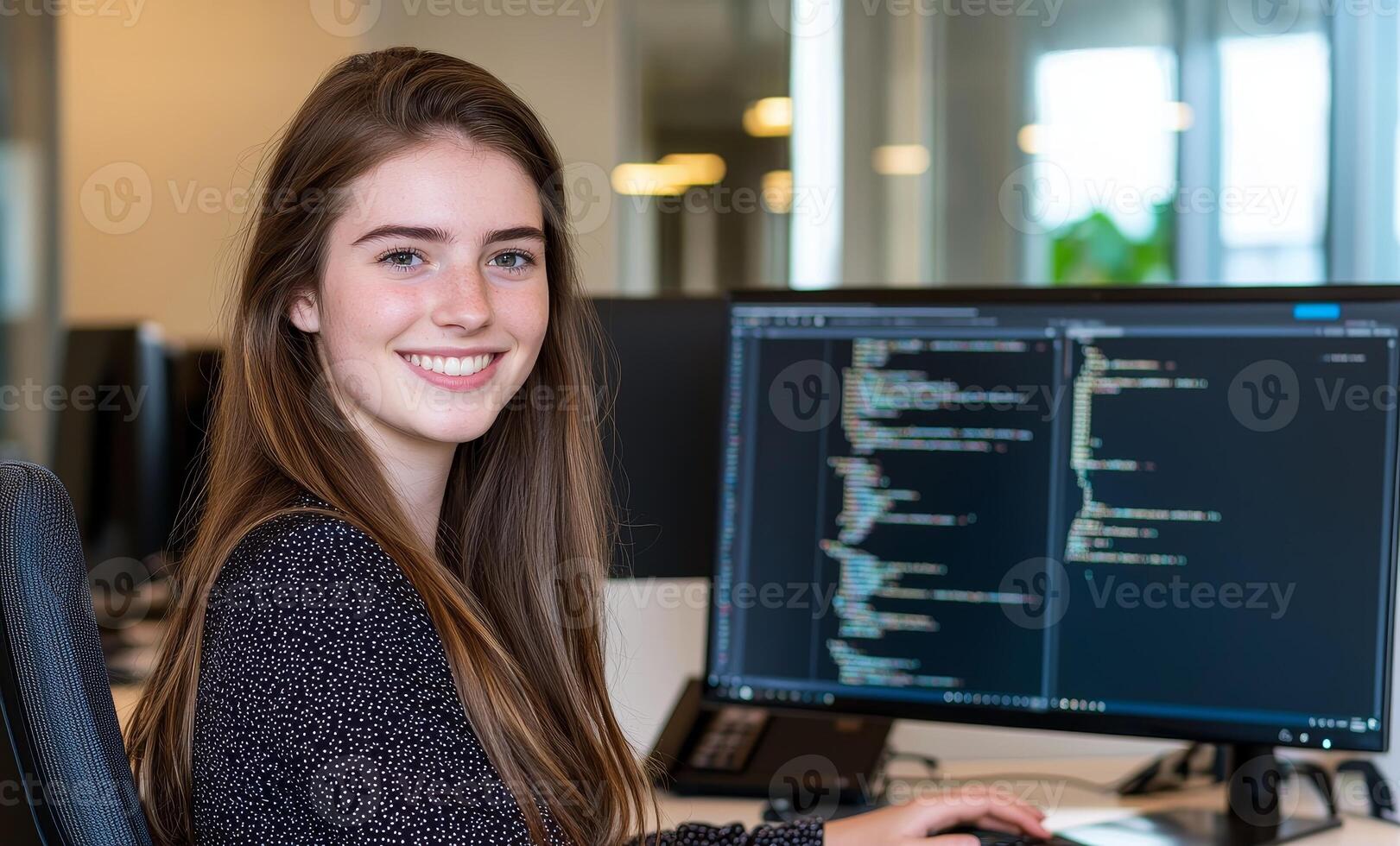 A young woman smiles while working at a computer in an office, showcasing lines of code on the screen. photo