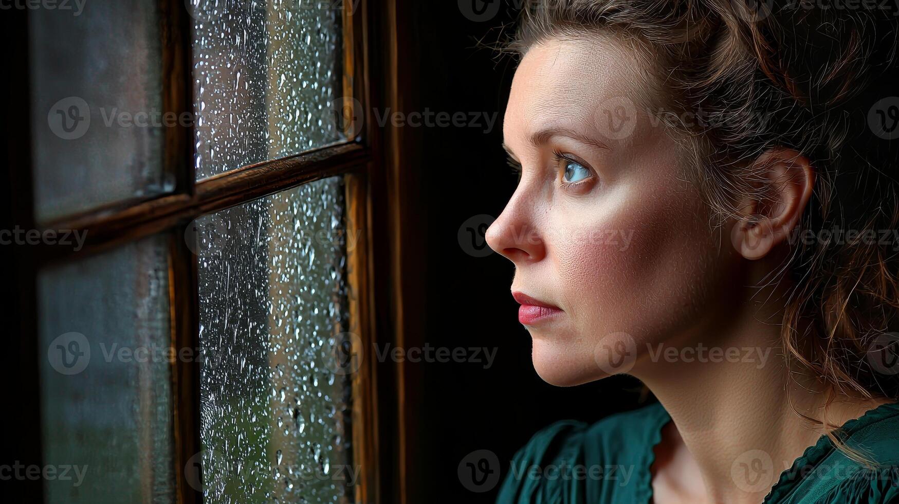 A contemplative woman gazes out a rain-streaked window, reflecting a moment of introspection and emotion. photo