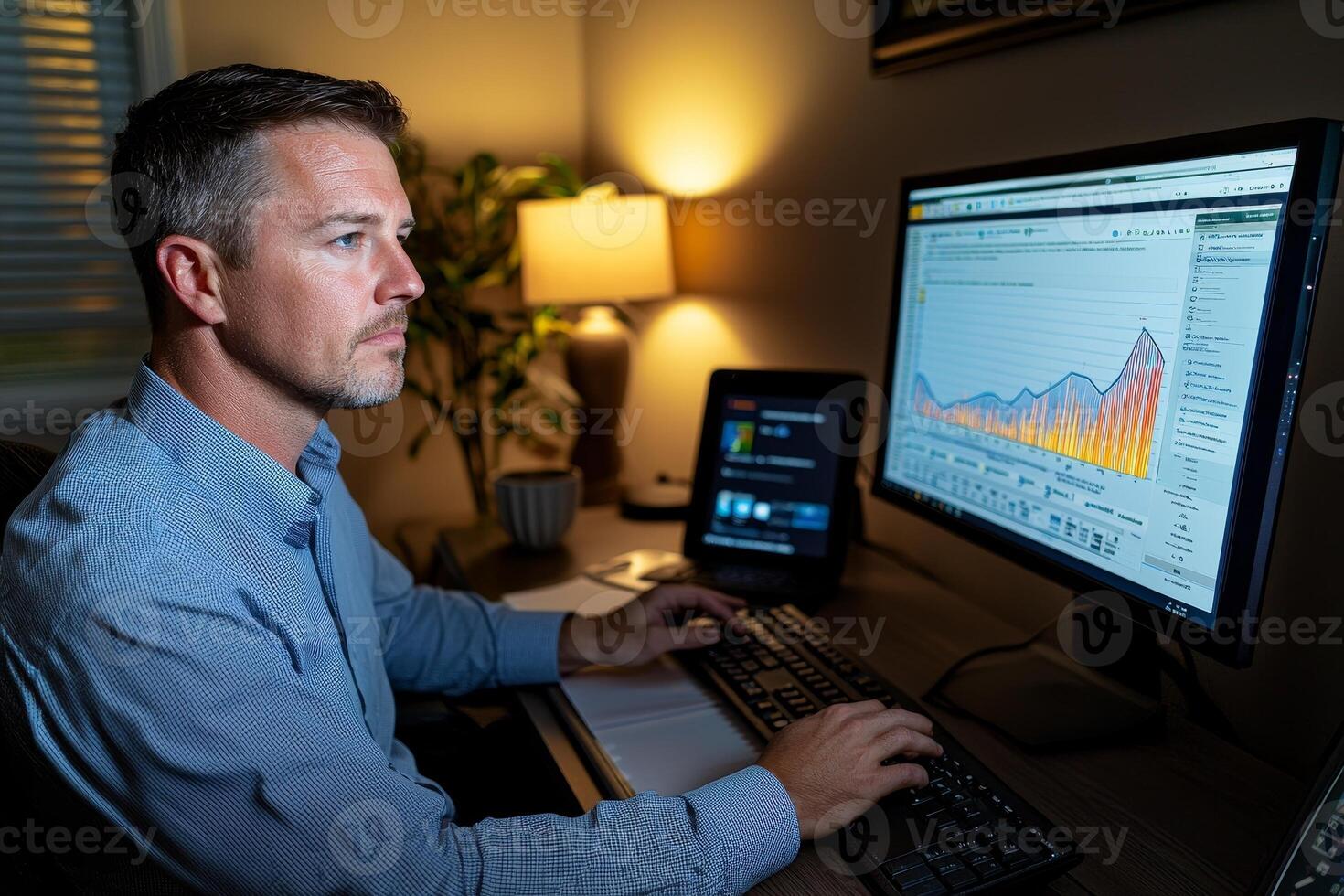 A man analyzes data on computer screens, highlighting graphs and trends in a dimly lit room. photo