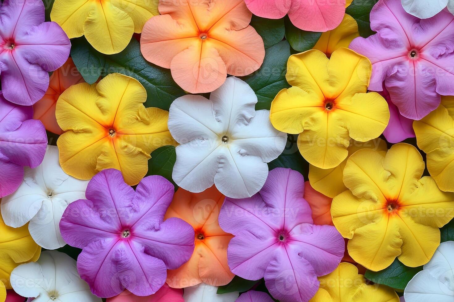 A vibrant array of colorful flowers in shades of pink, yellow, and white, creating a cheerful and lively visual display. photo