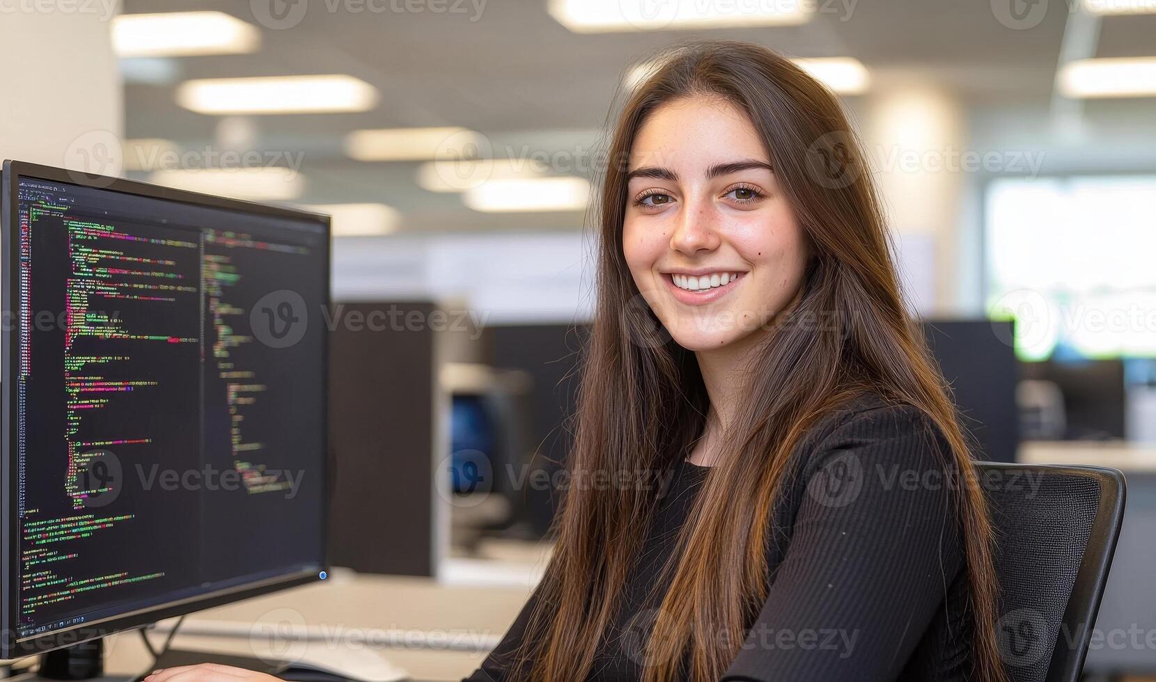 A smiling woman sits at a desk with a computer displaying code, in a modern office environment. photo