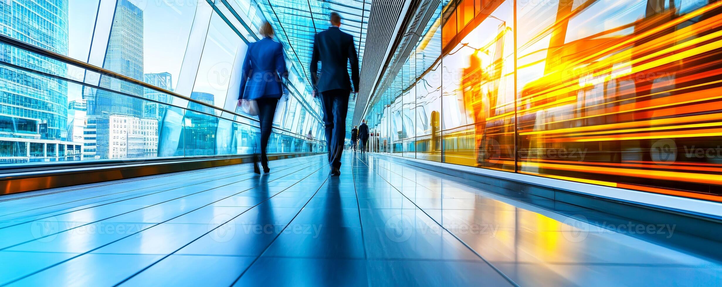 Two business professionals walking in a modern, brightly lit urban corridor, with vibrant reflections and a sense of motion. photo