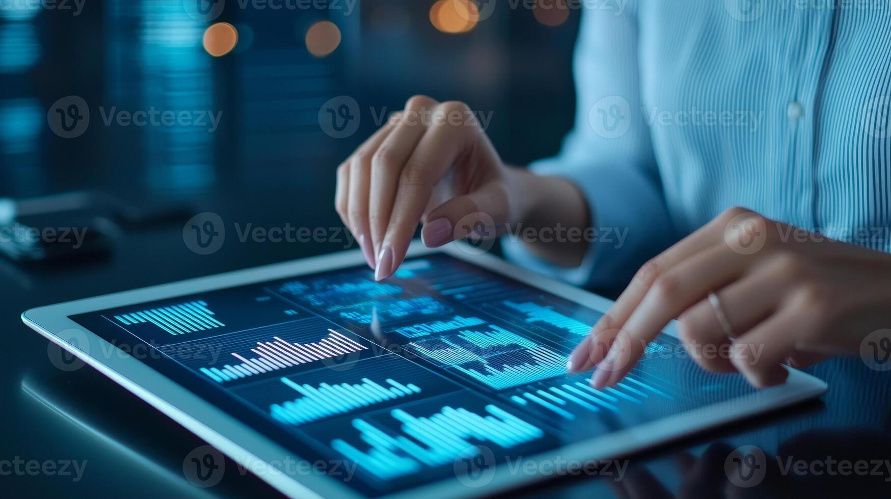 Digital literacy and technology analysis concept. A person analyzing data on a tablet with various graphs displayed in a dimly lit environment. photo