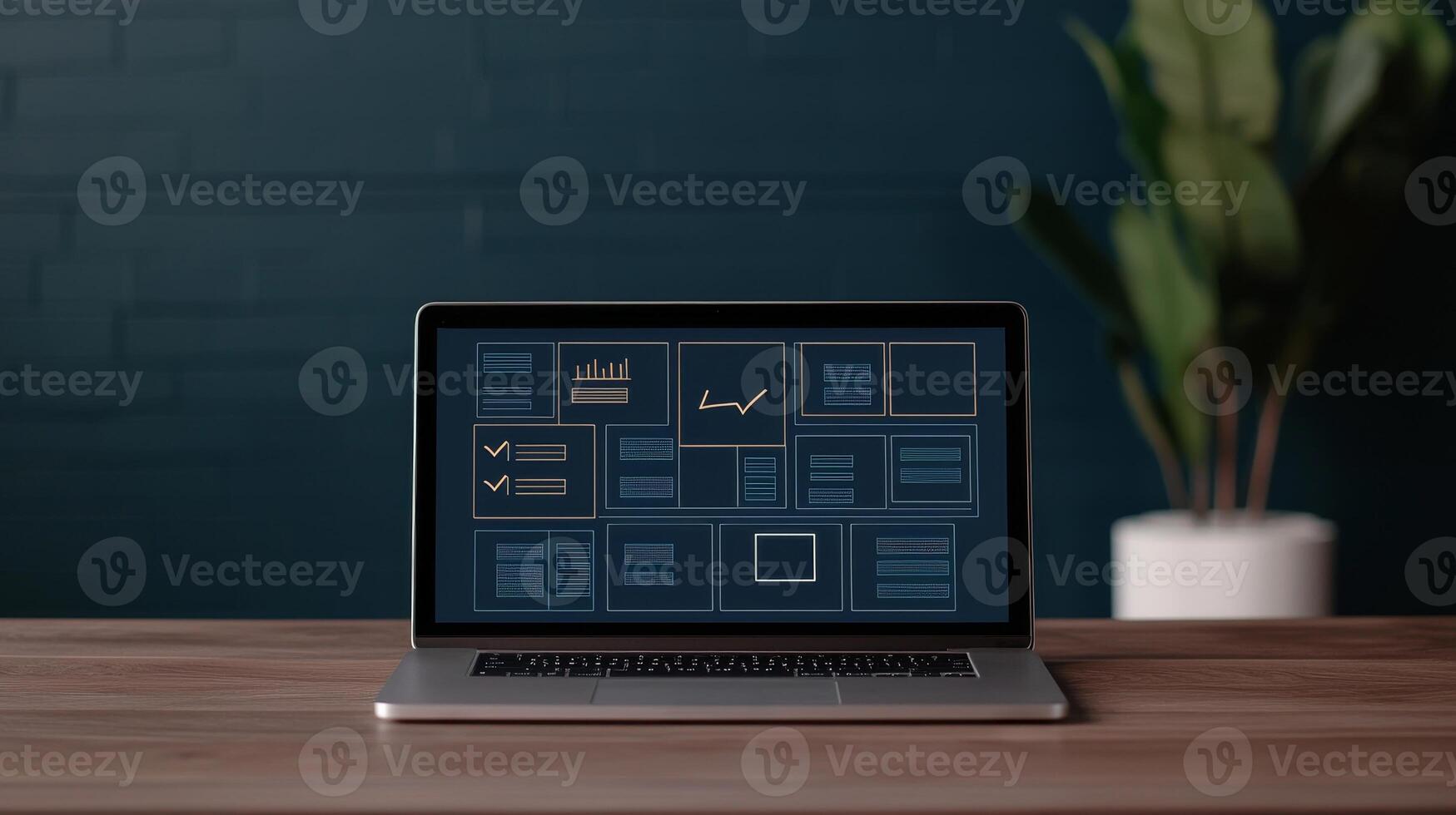 Brainstorming for team collaboration tools concept. A laptop displaying data and diagrams on a wooden desk with a plant in the background. photo