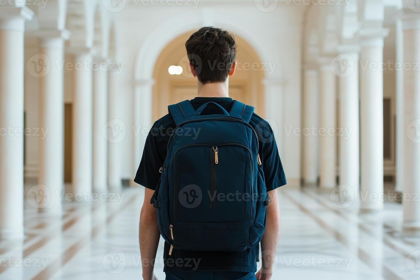 Curriculum higher education with students concept. A person stands in an elegant hallway, wearing a backpack and looking ahead. photo