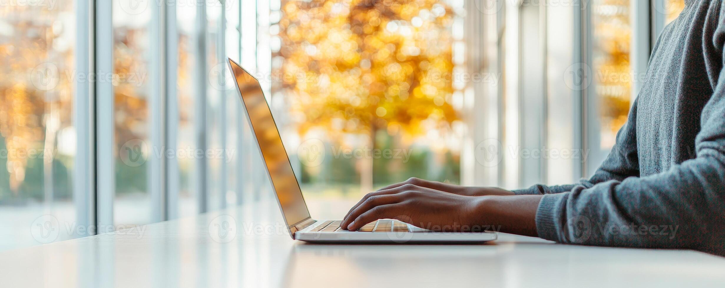 Curriculum higher education with students concept. A person typing on a laptop with autumn foliage visible through the windows. photo