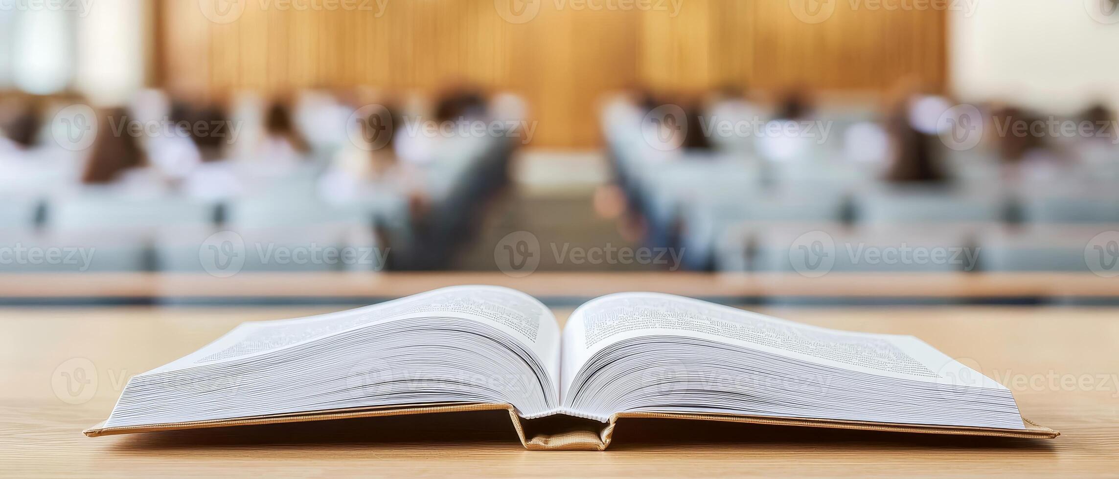 Curriculum higher education with students concept. An open book on a table with a blurred classroom in the background. photo