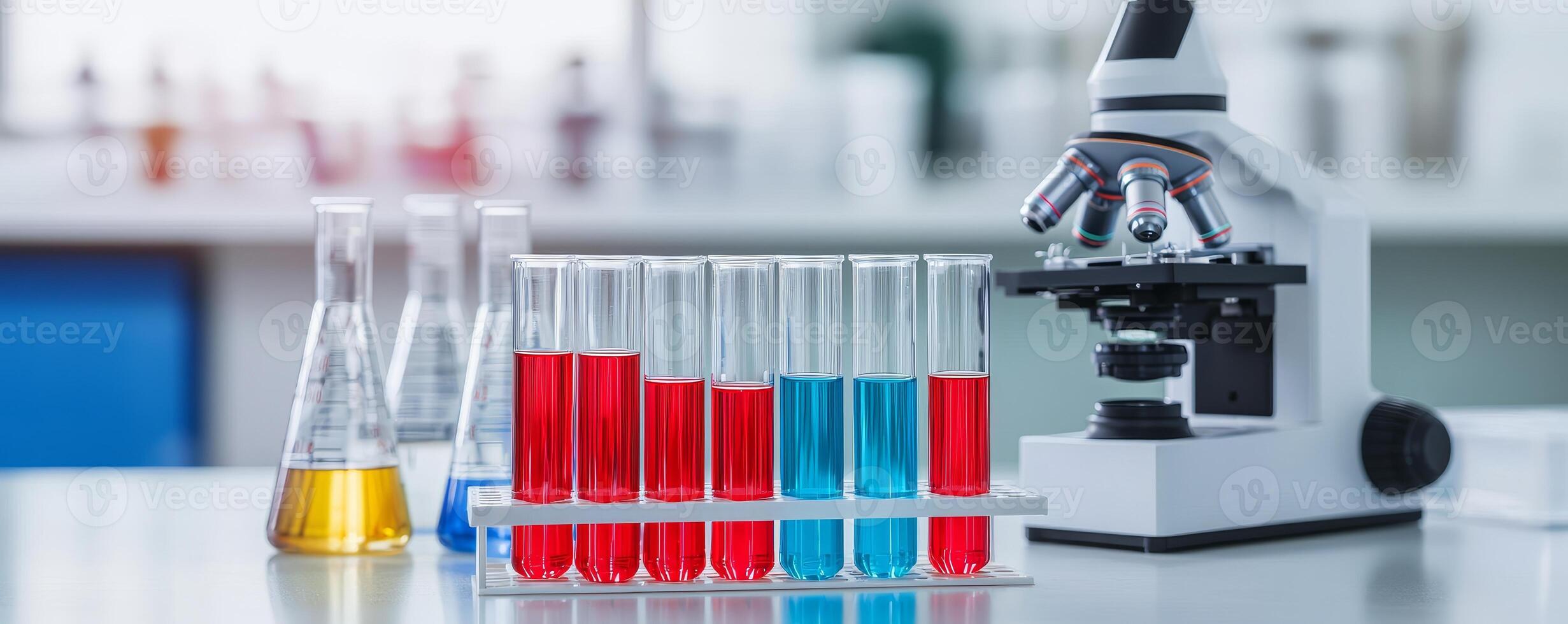 Higher education and innovation degree concept. Laboratory setup with colorful test tubes and a microscope on a table. photo
