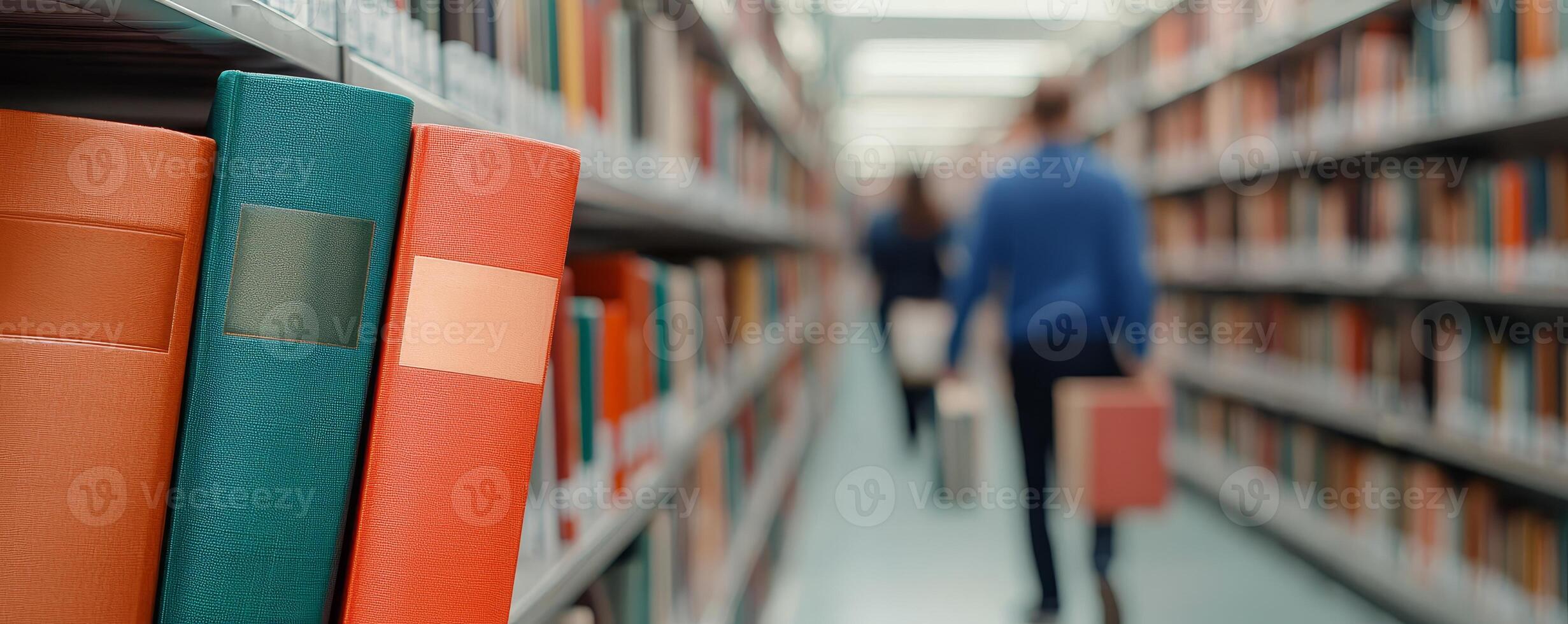 Curriculum higher education with students concept. Library scene with colorful books and people walking in the background. photo