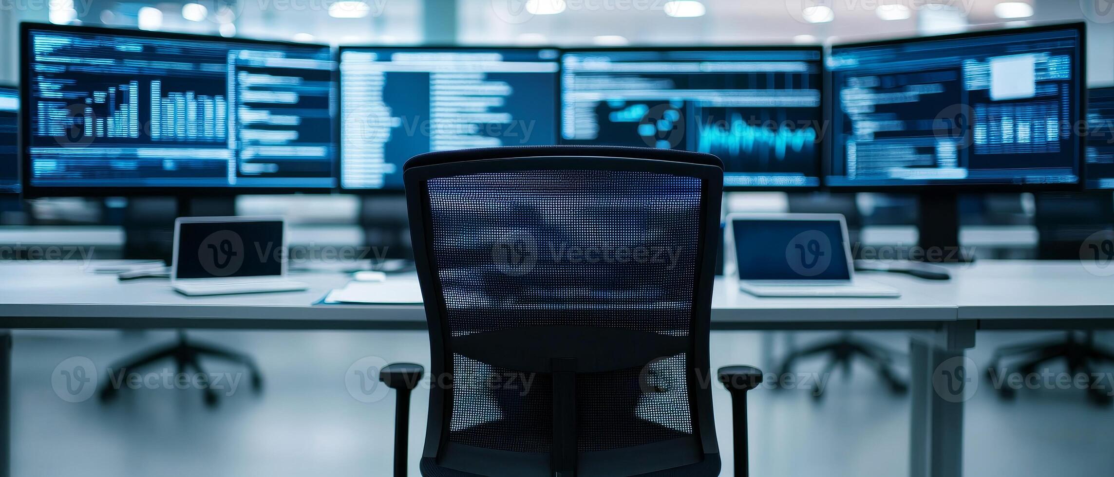 Higher education and innovation degree concept. Modern workspace with multiple computer screens and an ergonomic chair. photo