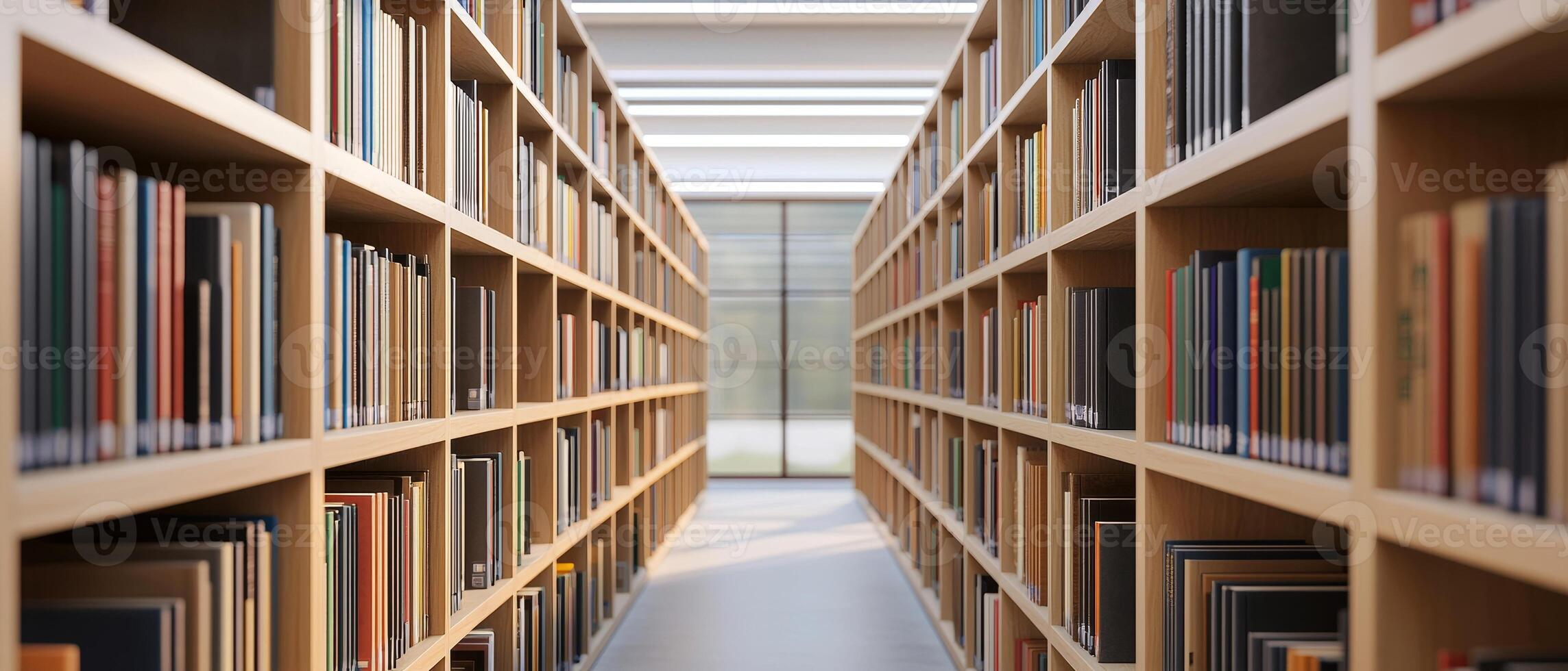 Higher education with students and policy concept. Modern library interior with rows of bookshelves and natural light streaming in. photo