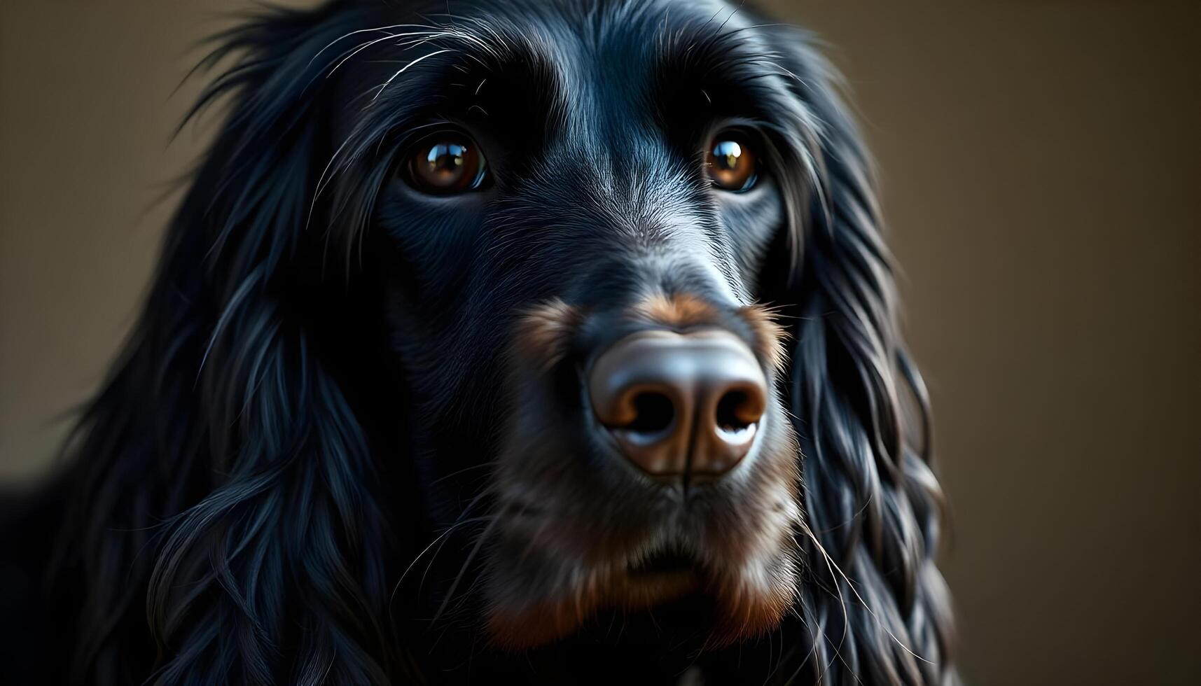 Portrait of a Gordon Setter with striking dark eyes, flowing silky coat, and soft warm lighting emphasizing its refined look photo