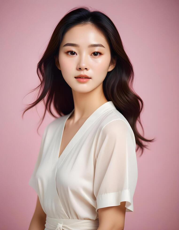 Portrait of a Korean girl with soft, luminous skin and delicate facial features photo