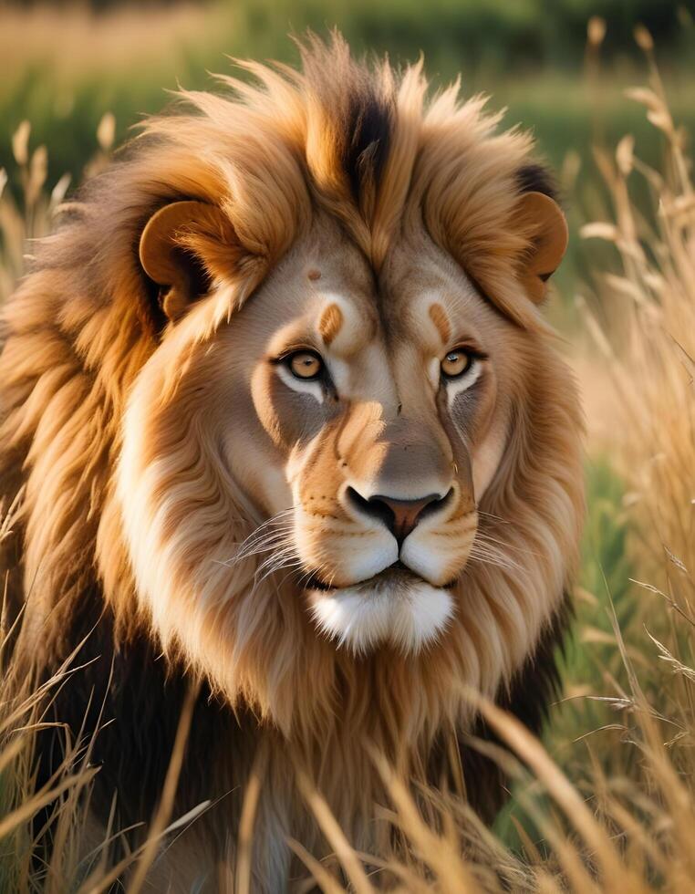 Powerful lion with an illuminated golden mane, eyes locked in focus photo