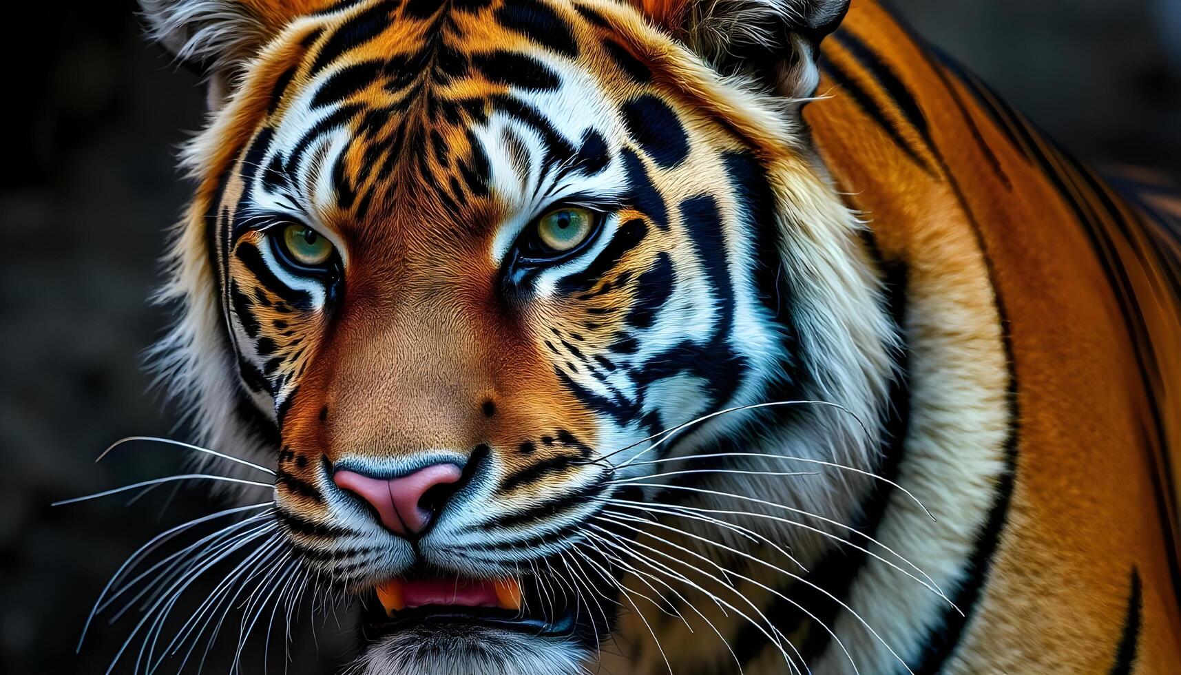 Close up of tiger face with orange fur, black stripes, and piercing green eyes photo