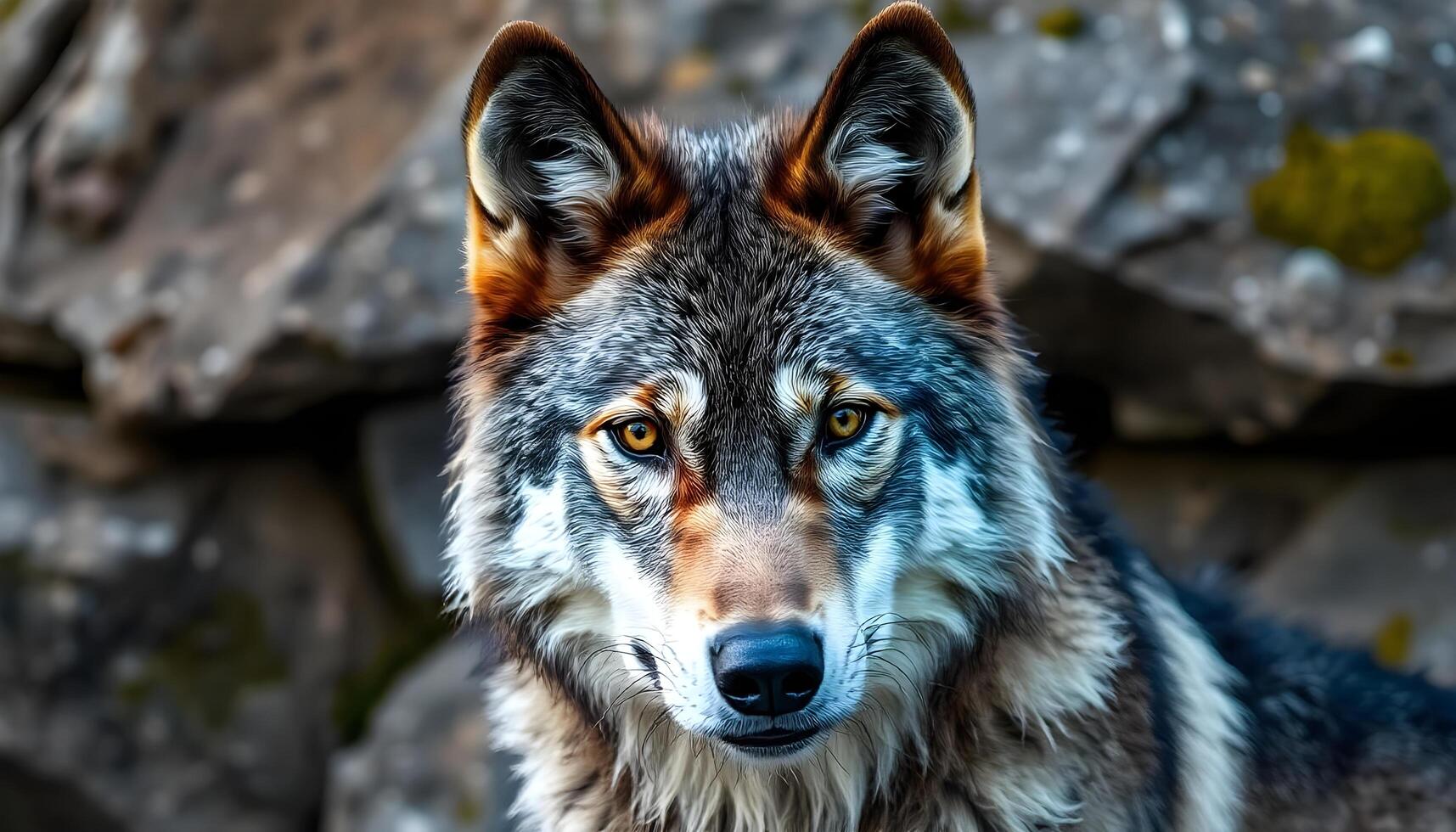 Majestic gray wolf portrait with sharp eyes and thick fur, framed by textured rocks photo