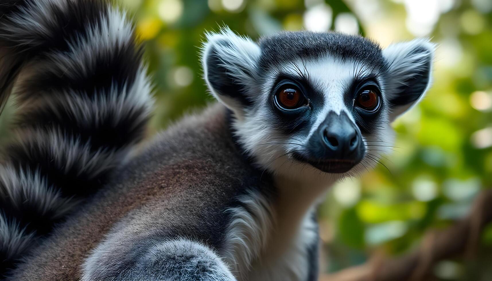 Detailed close up of a ring tailed lemur, emphasizing the contrast in his fur pattern, deep set eyes, and the sharp focus on his delicate facial features photo