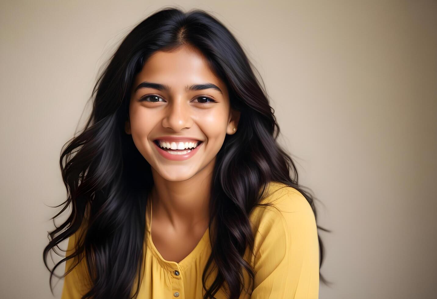 Studio portrait of an Indian girl with long hair and cheerful expression photo