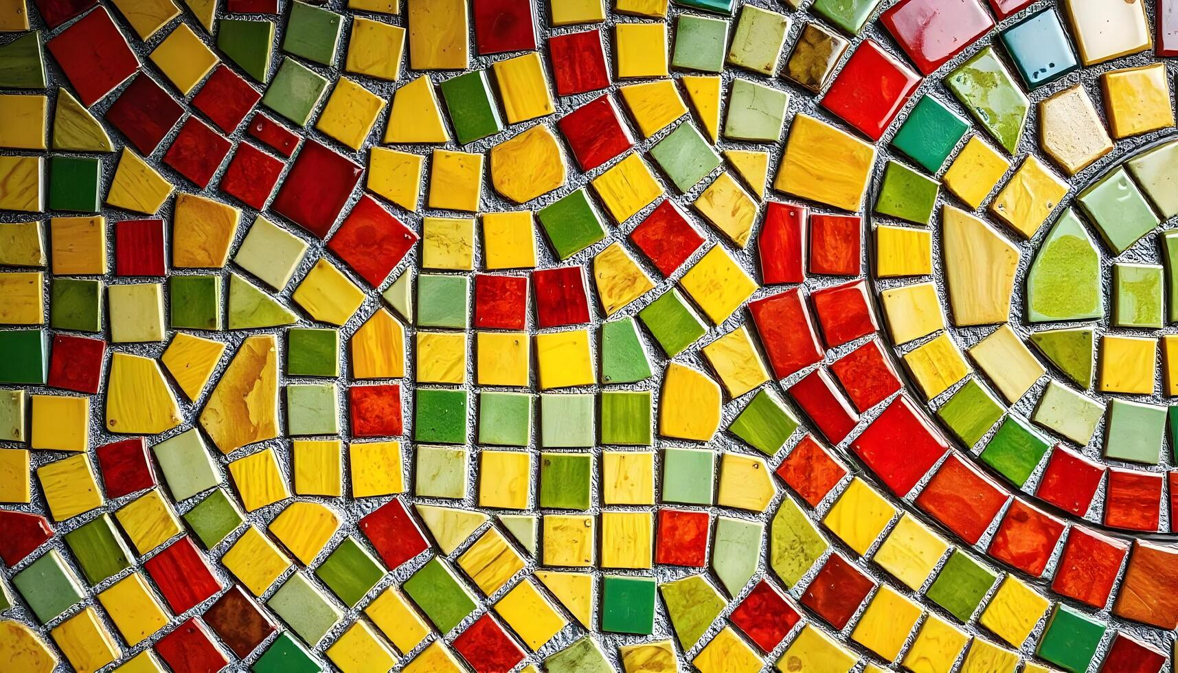 Colorful mosaic pattern with yellow, red, green, and gray tiles arranged in a circular design photo