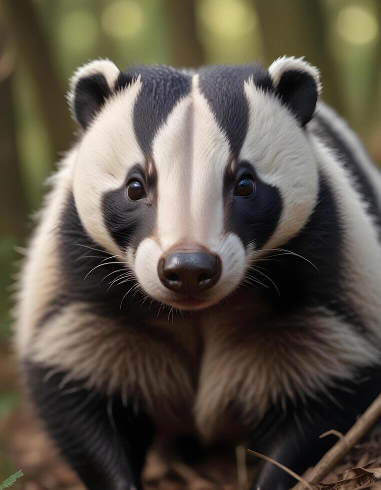 Male Badger with Striking Black and White Stripes and Curious Gaze photo
