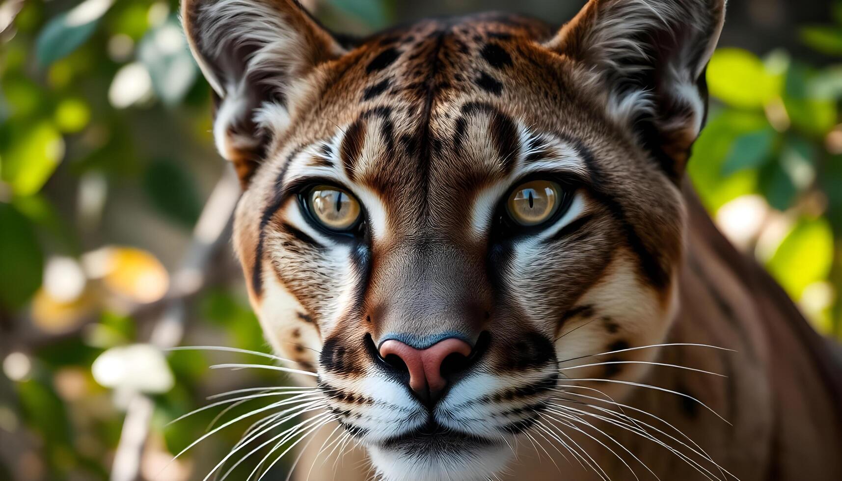Cougar close up with golden eyes, detailed fur, sharp whiskers, blurred green natural habitat photo