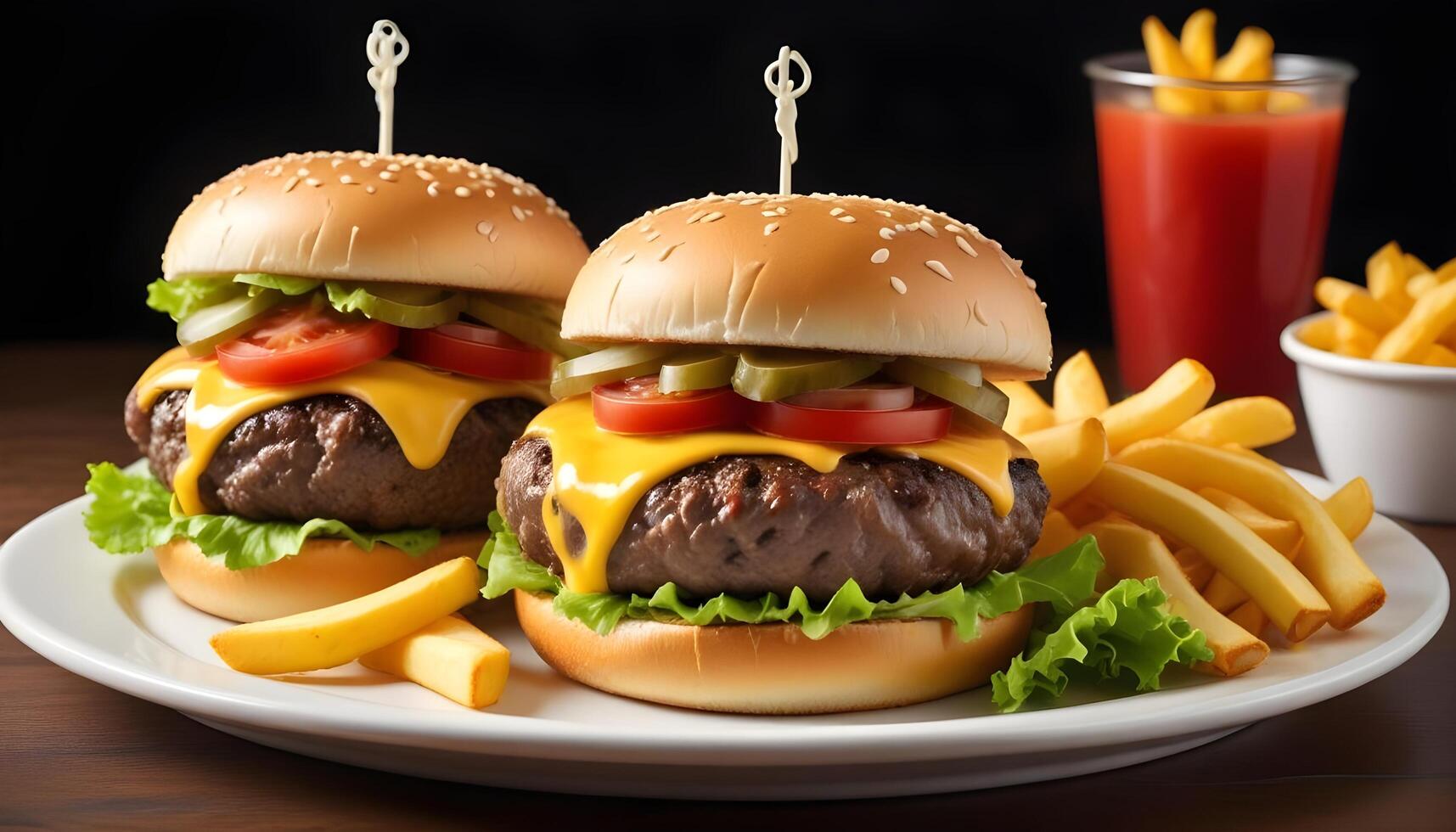 Double cheeseburger stacked high with fresh ingredients and a side of fries photo