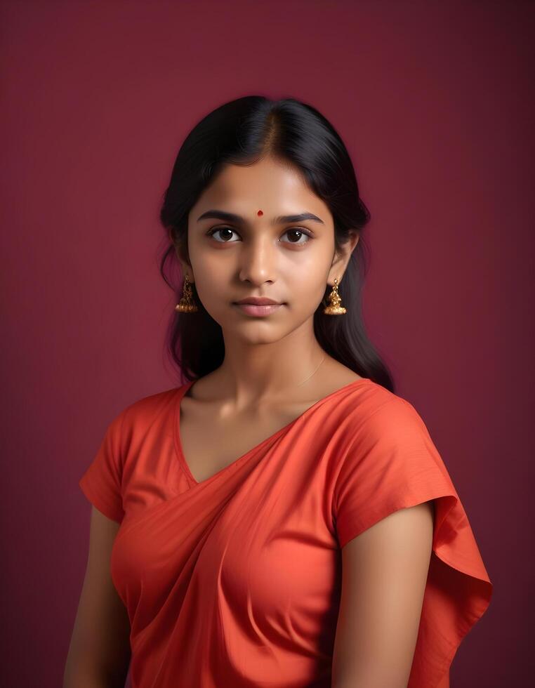 Young South Asian girl, 16, with long black hair, bindi, orange outfit, and gold earrings photo
