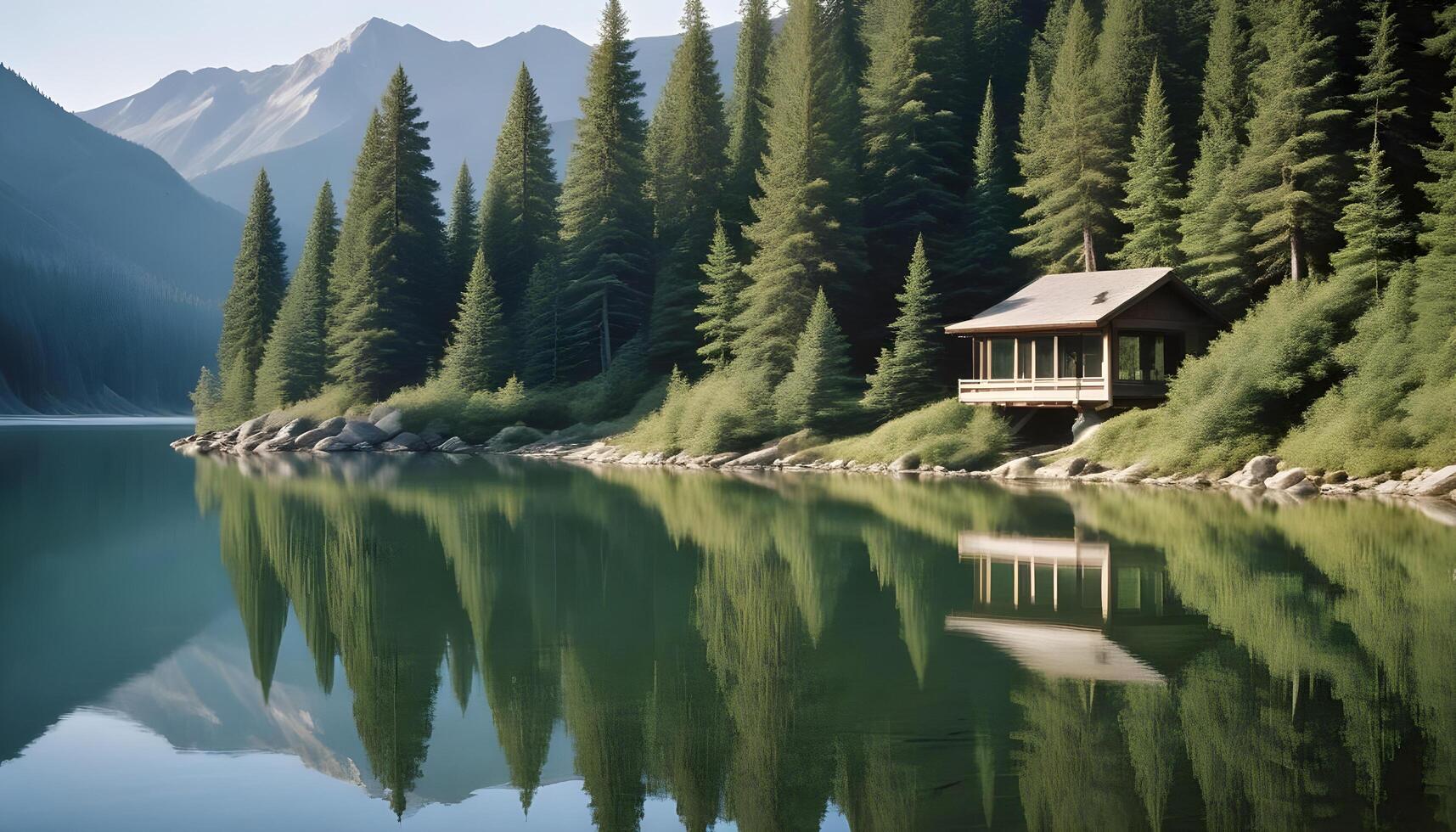 Glassy lake surface creating a perfect mirror image of mountains and surrounding forest photo