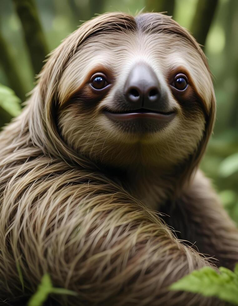 Portrait of a Male Sloth with Detailed Fur and Calm Eyes in Rainforest photo