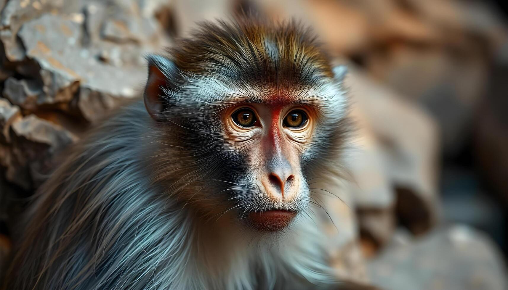 Young golden snub nosed monkey with orange red face and expressive eyes in a natural setting photo