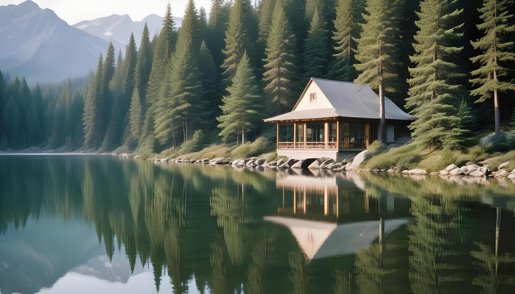 Idyllic mountain lake surrounded by evergreens with a perfectly smooth reflective surface photo