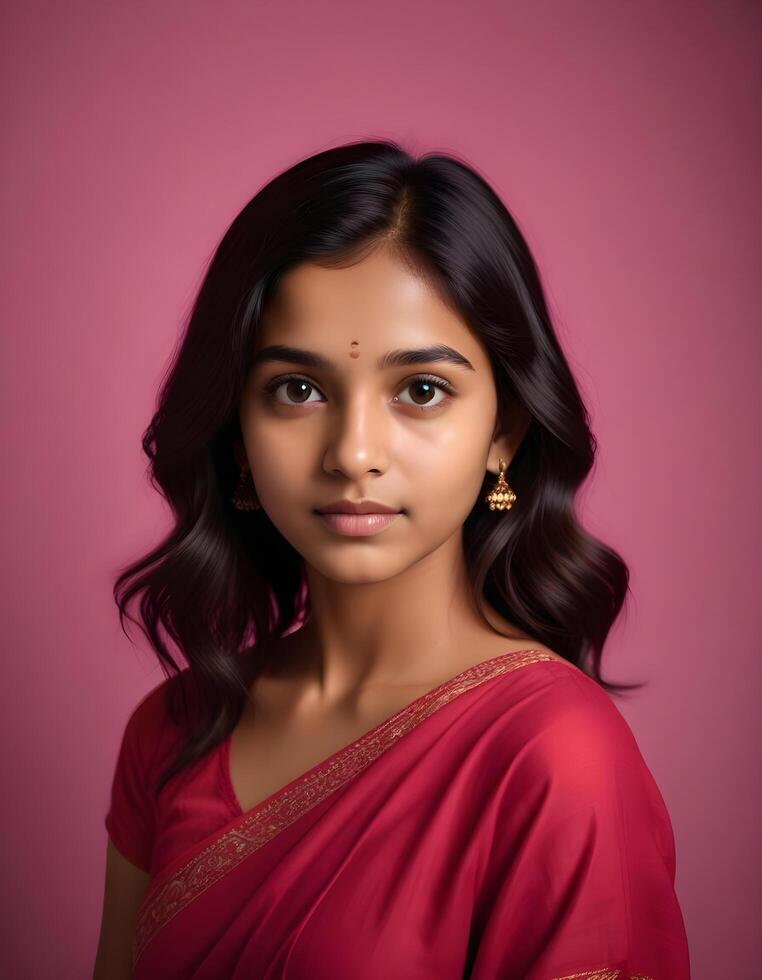 Radiant Indian girl with graceful pose in a minimalist studio setting photo