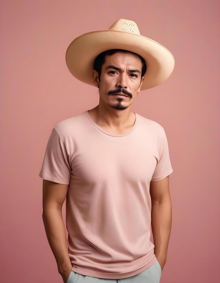 Confident Mexican man in casual attire standing against a neutral backdrop with a relaxed expression photo