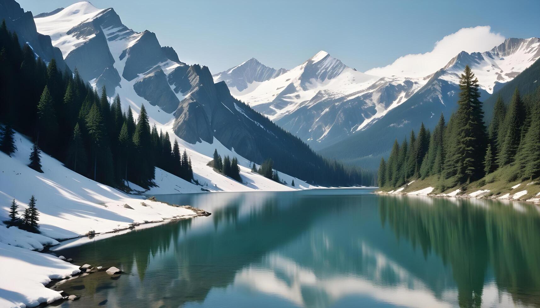 Winter Wonderland Snowy Mountains, Evergreen Trees, and a Pristine Lake photo