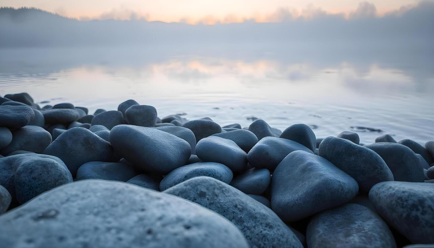 Smooth, rounded gray river rocks of various sizes set against a backdrop of a calm lake at dawn, with mist rising off the waters surface photo