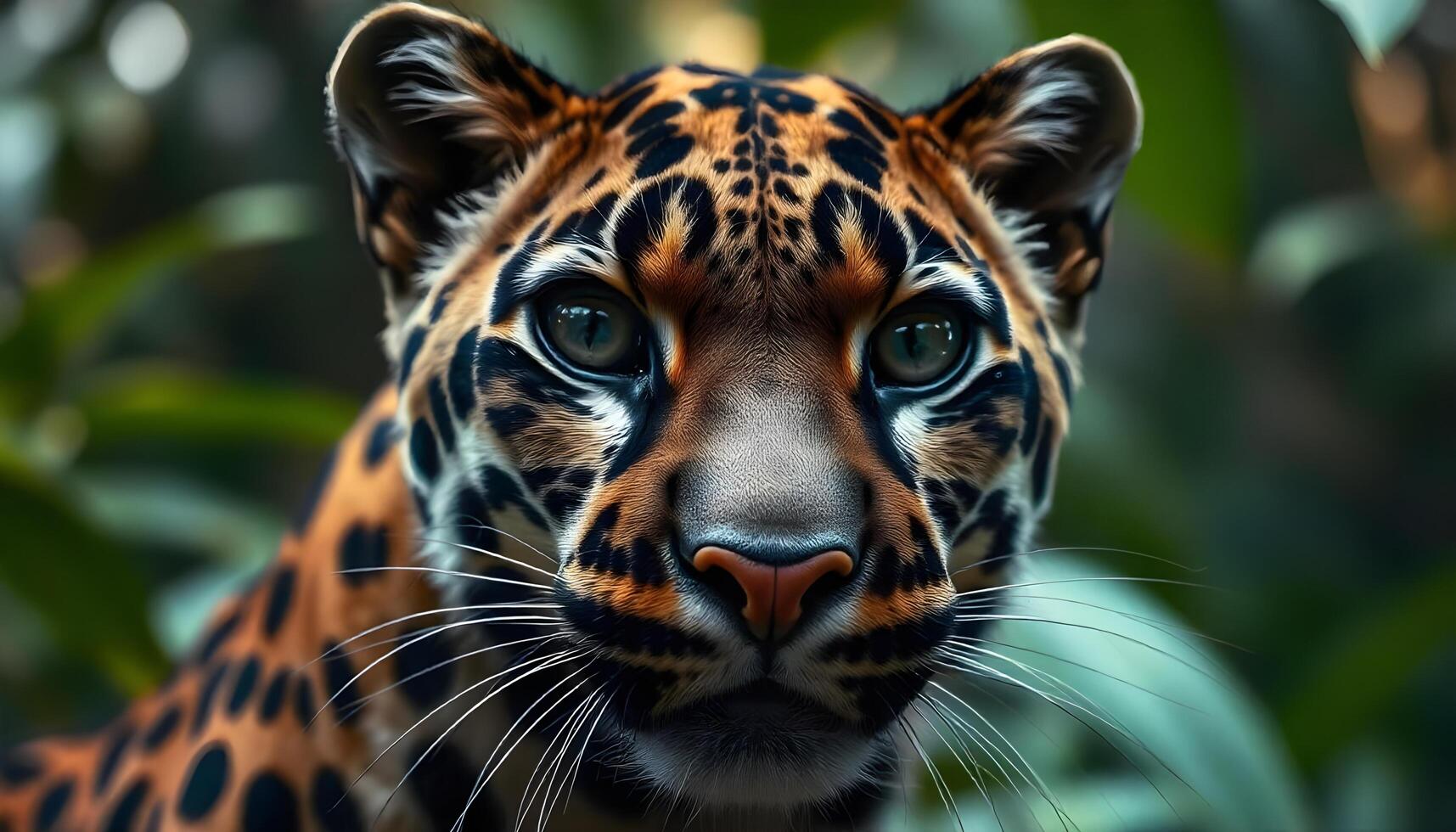 Detailed shot of a clouded leopards face with striking fur patterns and focused gaze photo