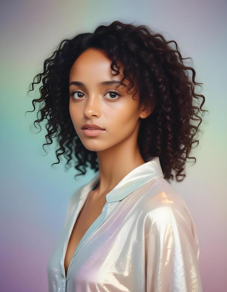 Ethiopian girl with a joyful and confident expression, curly hair glowing with beauty photo