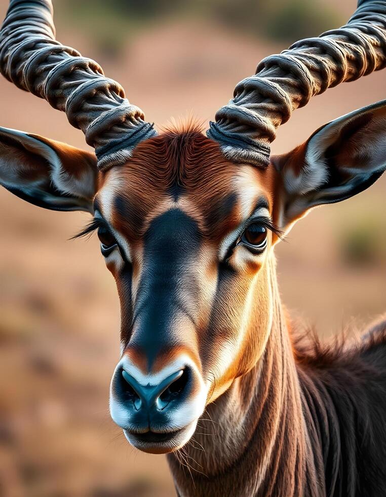 Close up of male antelope with textured fur and detailed horns in soft savannah light photo