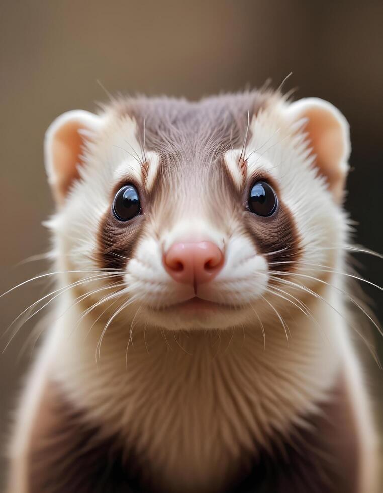 Close up of male ferret with detailed fur and sharp whiskers against blurred backdrop photo