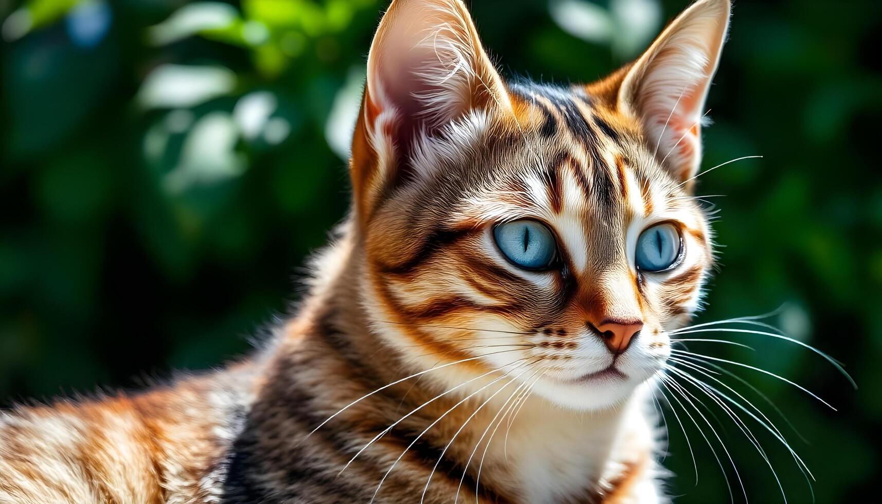 Tabby cat with bright blue eyes and fur pattern visible in soft natural light photo