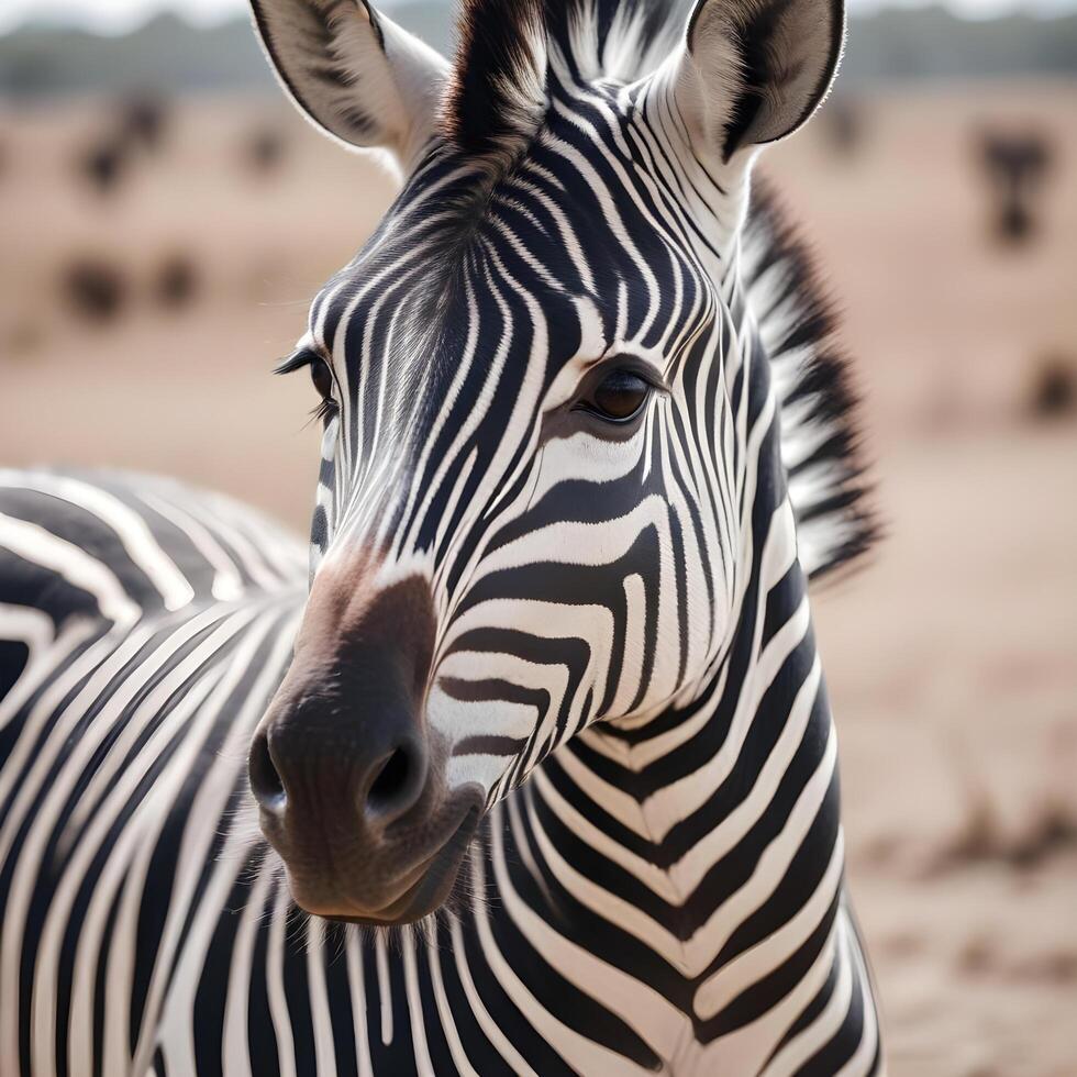 Detailed close up of a zebra, highlighting the intricate details of its stripes, deep dark eyes, and the way light enhances the unique patterns photo
