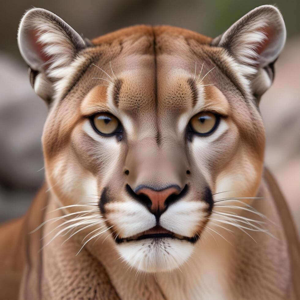 Close up of a vigilant mountain lion, whiskers and fur texture enhanced in natural light photo