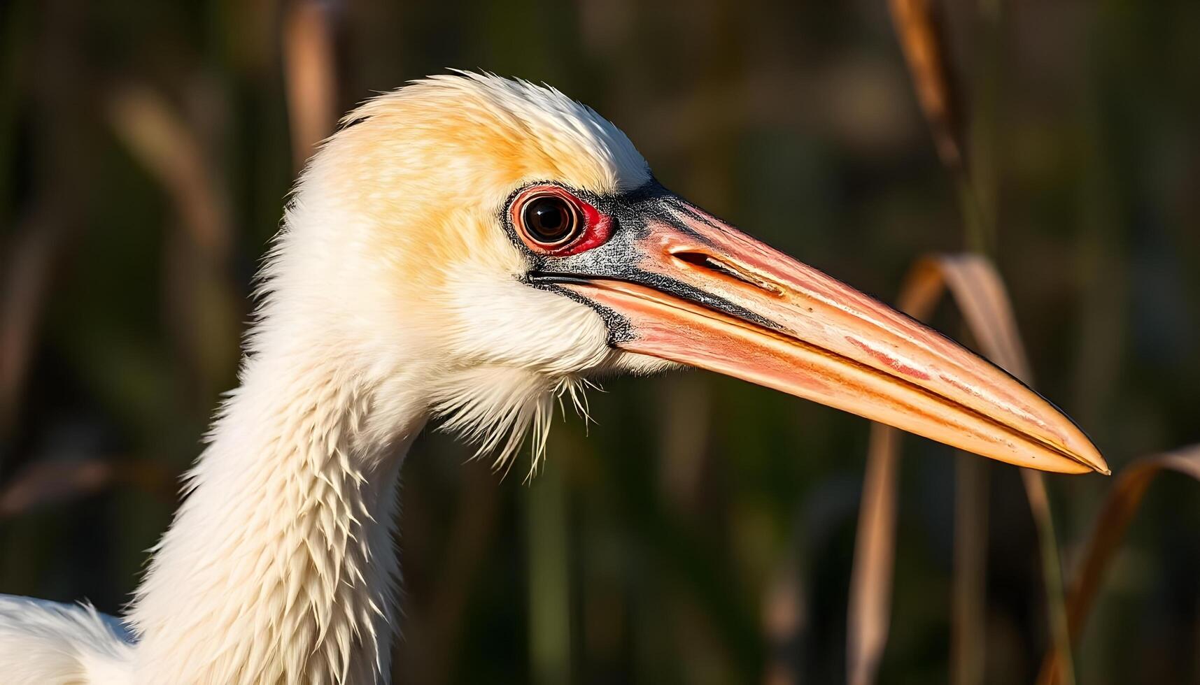A close up of a white bird with a long beak photo