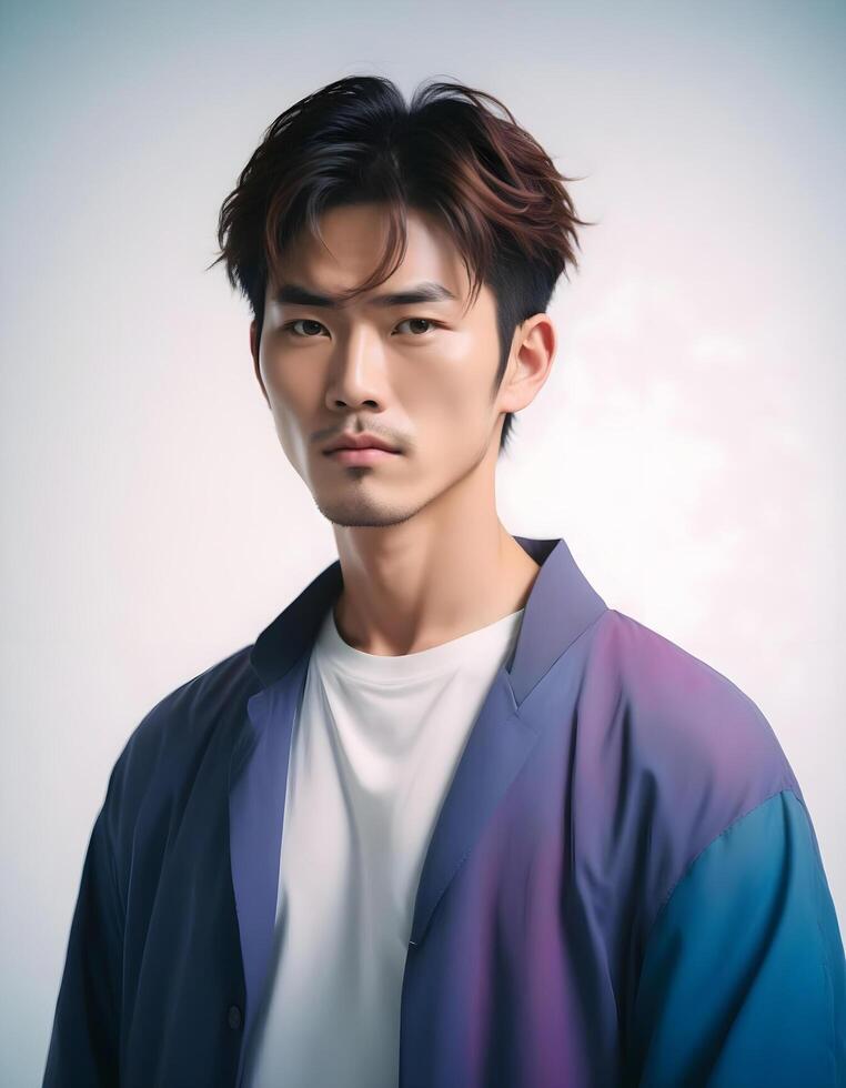 Professional male model from Japan in a clean and minimalist pose against a plain backdrop photo