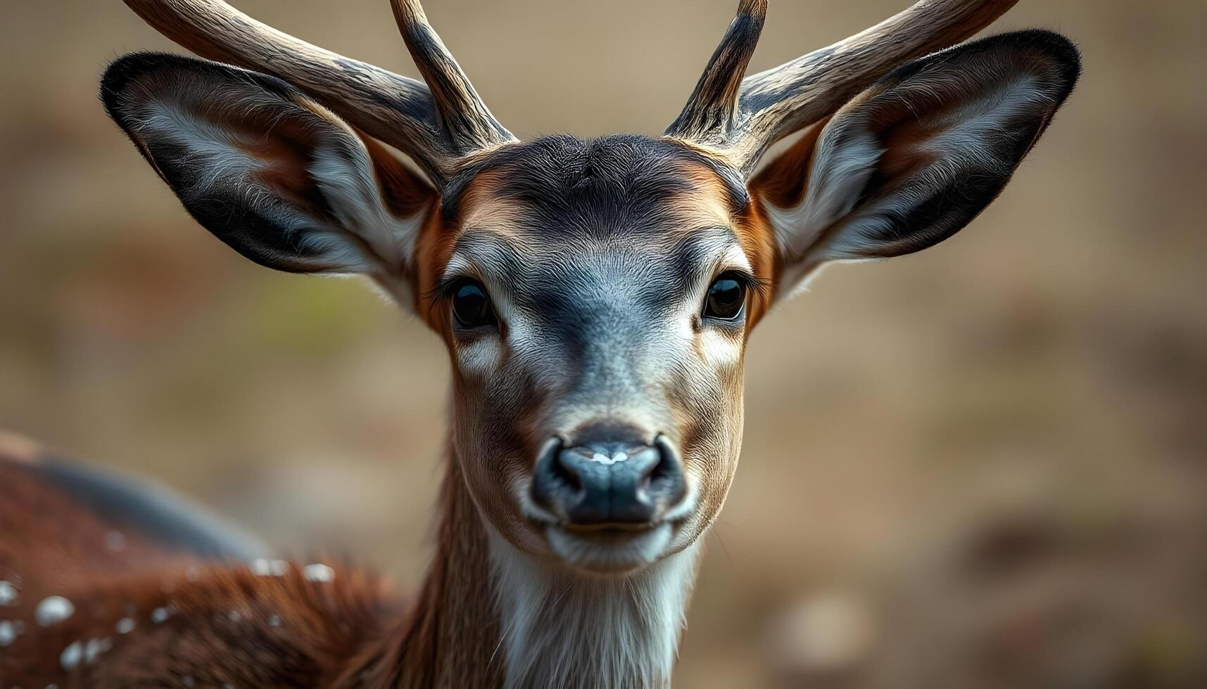 Close up of a young deer with early velvet antlers and detailed fur texture photo