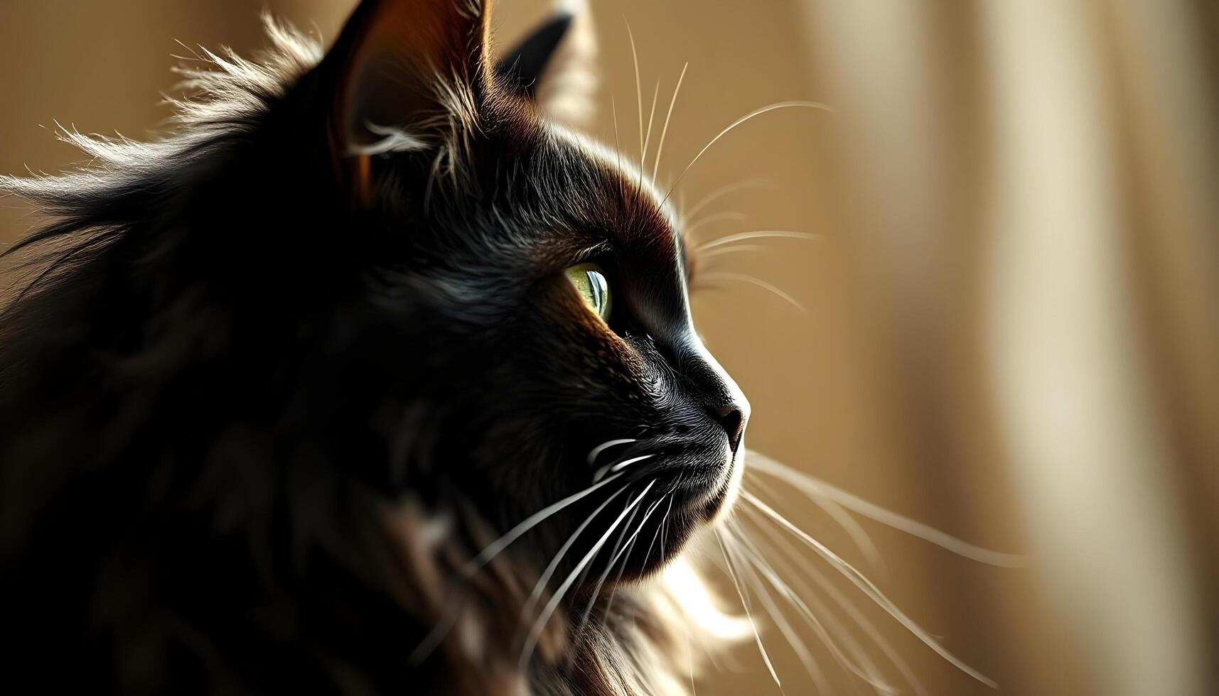 Side profile of a black cat with piercing green eyes and soft, flowing fur in gentle light photo
