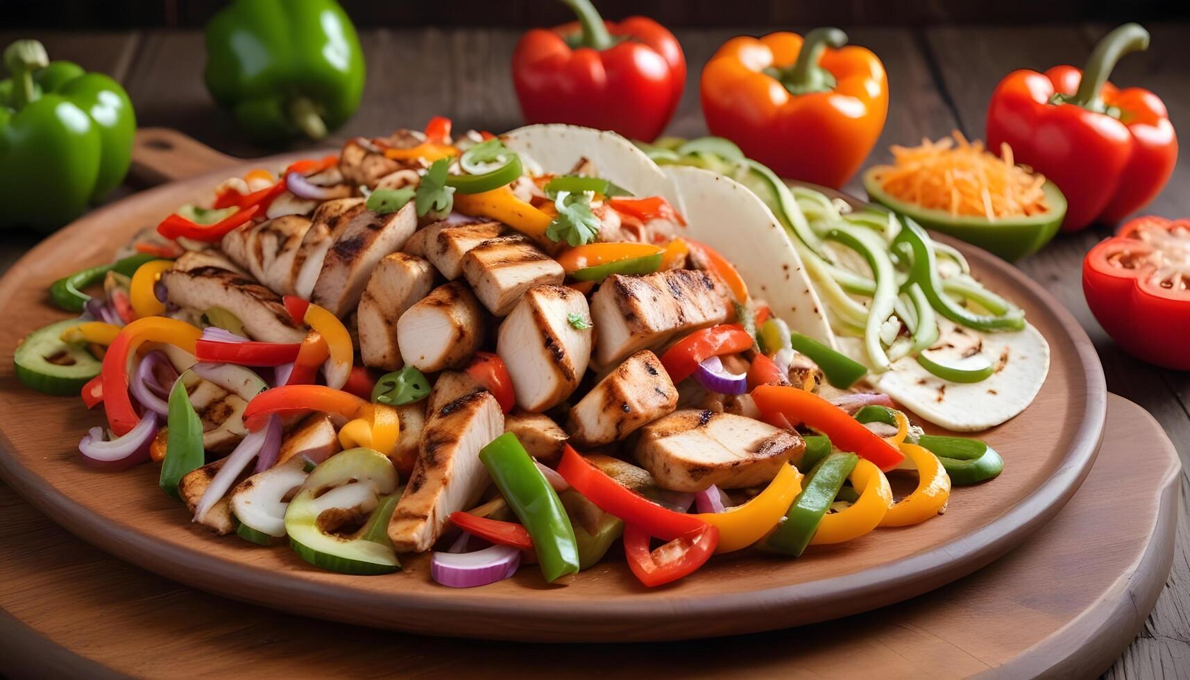 Flavor packed fajitas with grilled chicken, onions, and vibrant bell peppers photo